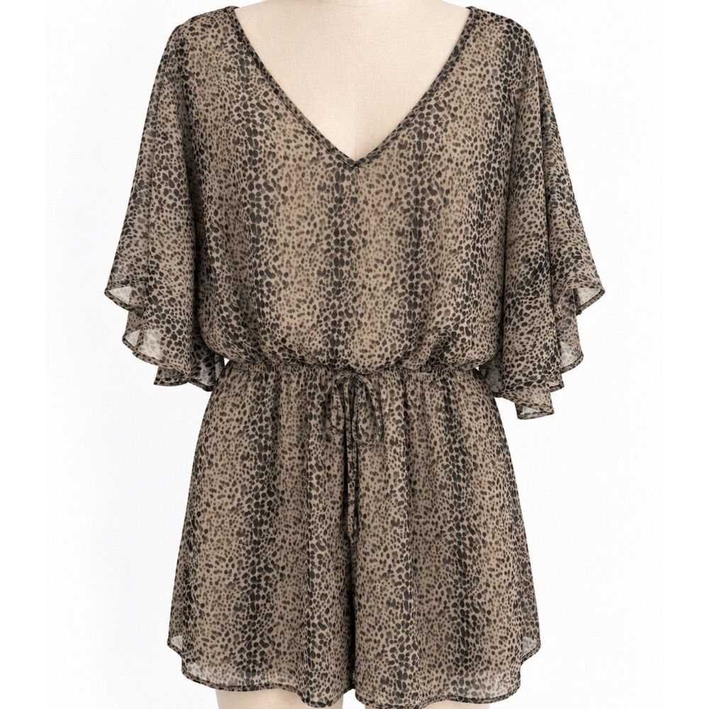 A’GACI Leopard Print Sheer Drawstring Mini Dress L Made in USA Boho Safari Chic